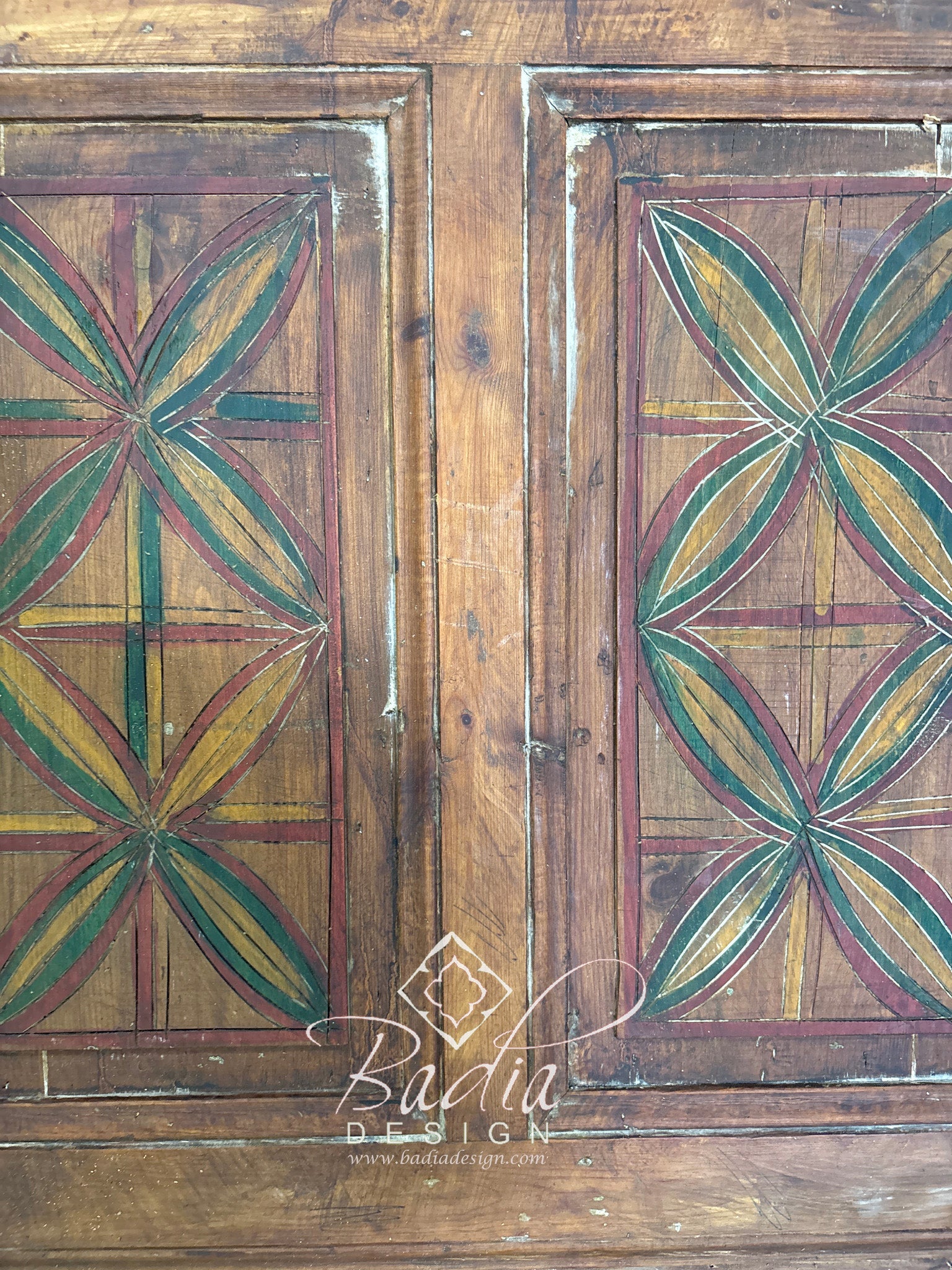 Vintage Wooden Door with Hand Painted Geometric Designs