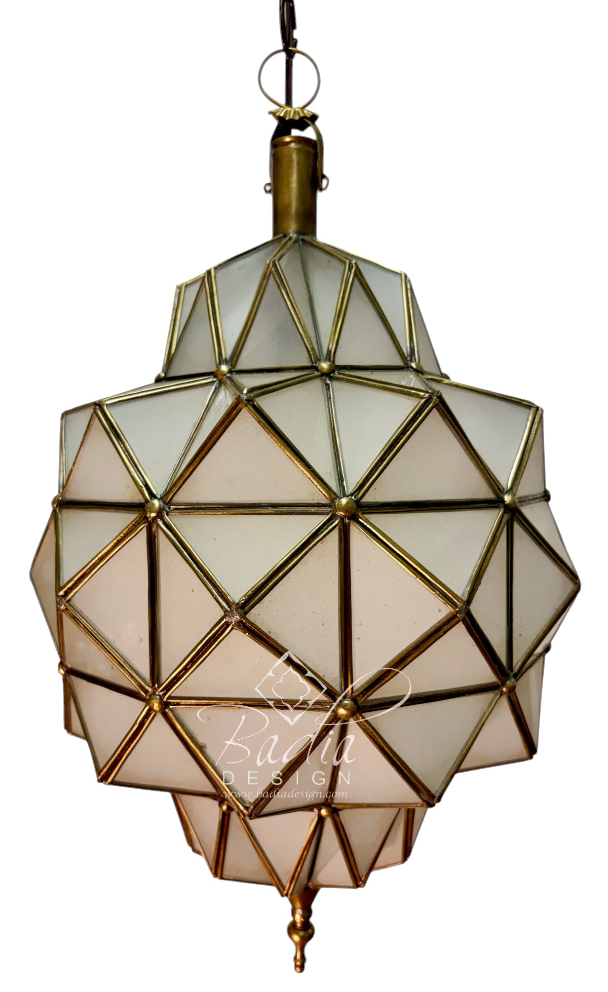 A geometric faceted pendant chandelier with frosted glass panels and brass metal framing, suspended against a plain white background.