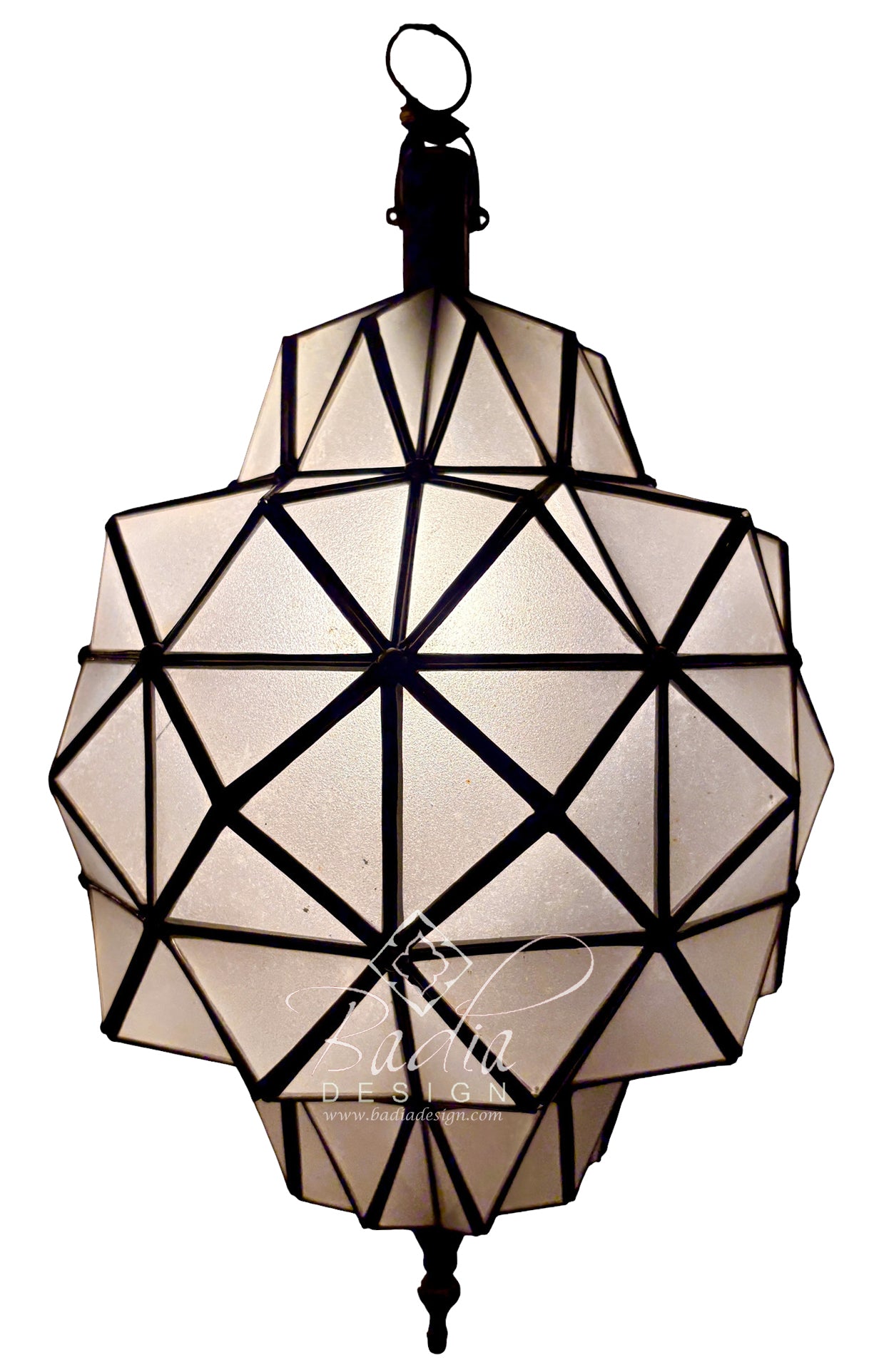 A geometric pendant light fixture with a faceted, geodesic design made of cream-colored panels and black metal framing, suspended against a plain white background.