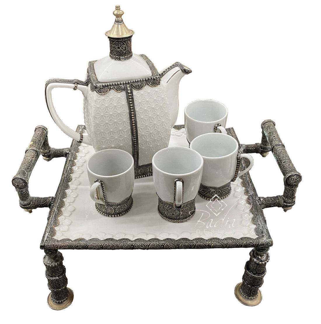 Ornate White Moroccan Ceramic Tea Cup Set