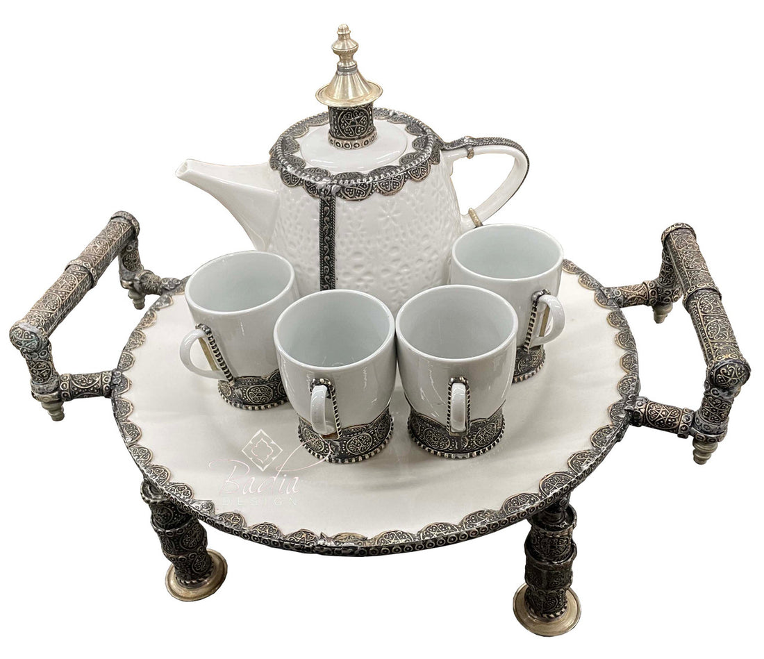 Ornate White Moroccan Ceramic Tea Cup Set