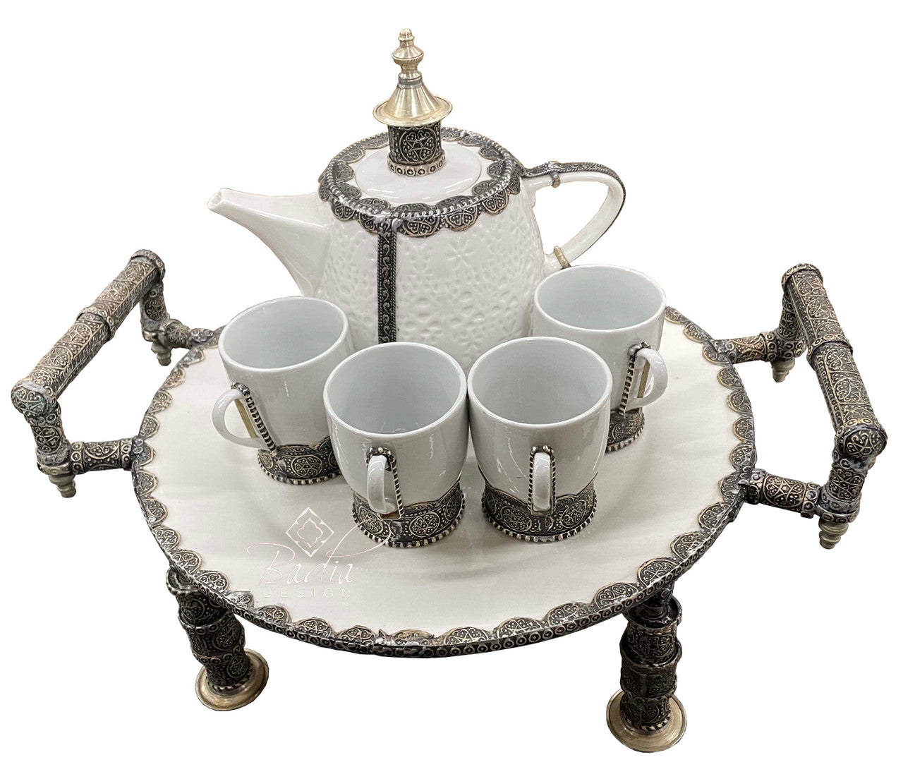 Ornate White Moroccan Ceramic Tea Cup Set