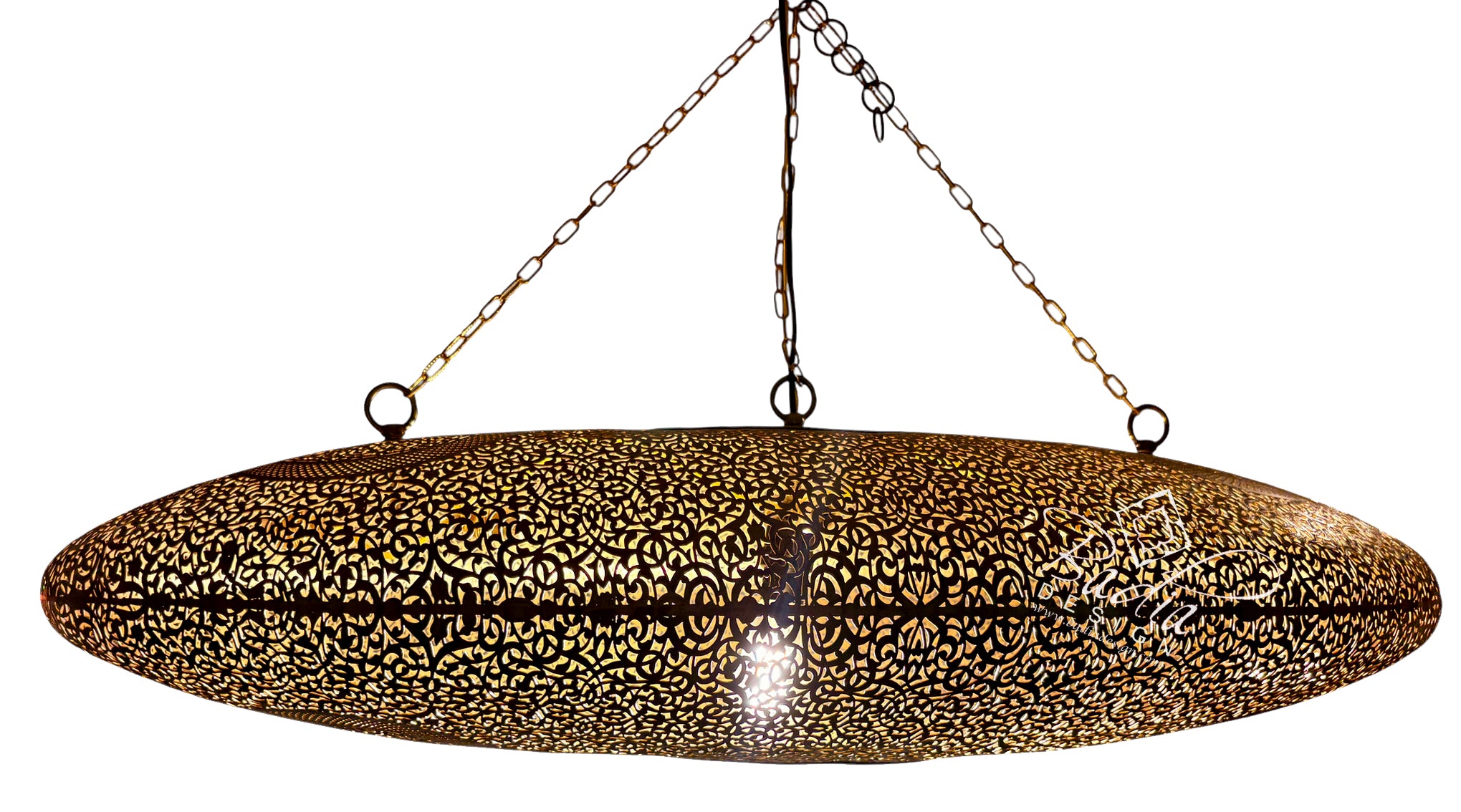 A large oval hanging pendant light with a gold-toned metal frame covered in intricate black floral or filigree cutouts, suspended by chains against a plain white background.