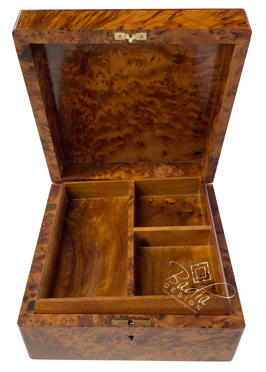 Thuya wooden jewelry box with intricate design and compartments for large and small items.